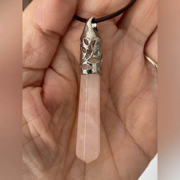 Handmade Rose Quartz Obelisk Pendant Leather Slider Necklace - Picture 1 of 4